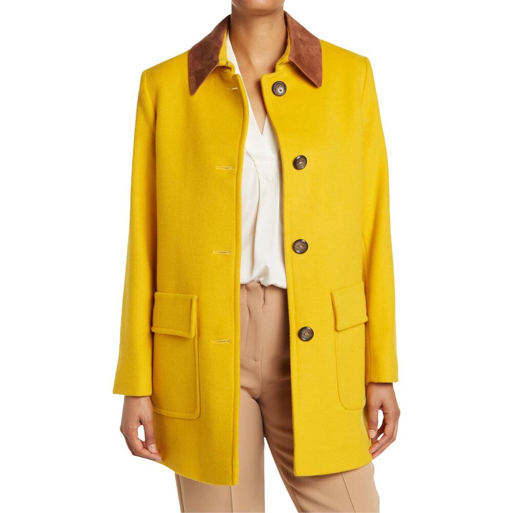 FLEURETTE Wool Barn Coat Jacket Yellow Contrast Collar Pockets USA Medium NWT